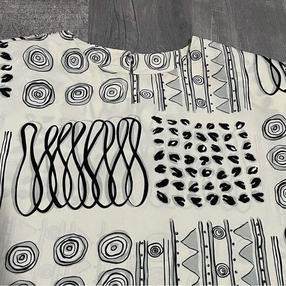 VTG 90s RENAISSANCE SPORTSWEAR Boxy Geometric Scribble Cream Black blouse S - Picture 8 of 12